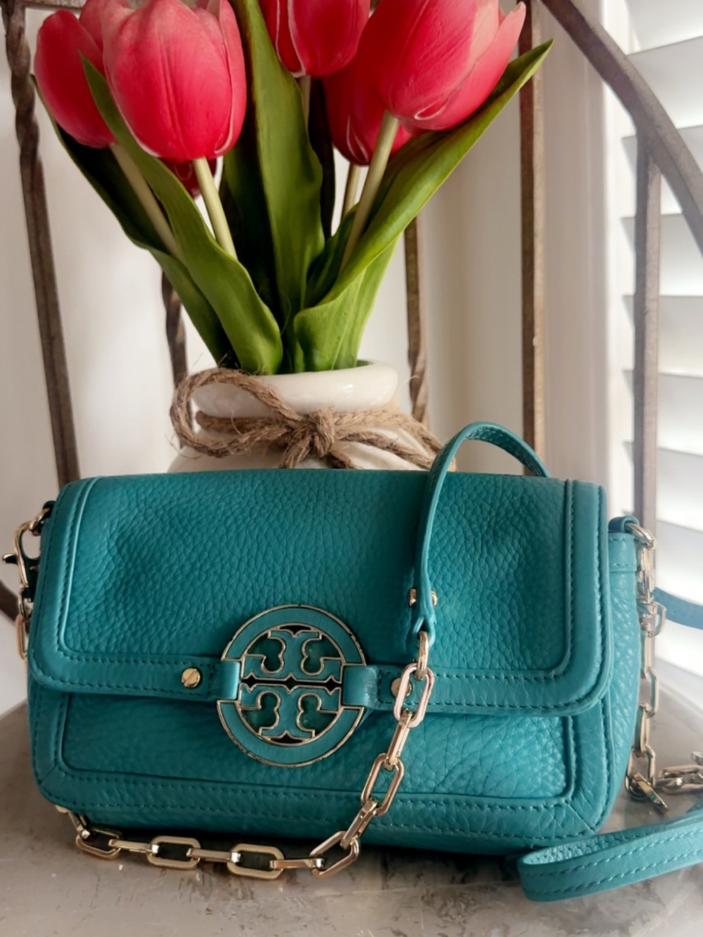 Tory Burch Teal Pebbled Leather Crossbody with Gold Chain